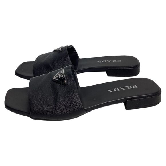 Prada Triangle-Logo Plaque Slide Flat Sandals in Black Leather - Picture 2 of 12